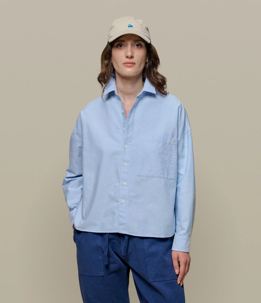 Cropped Boxy Style Cotton Oxford Long Sleeve Shirt