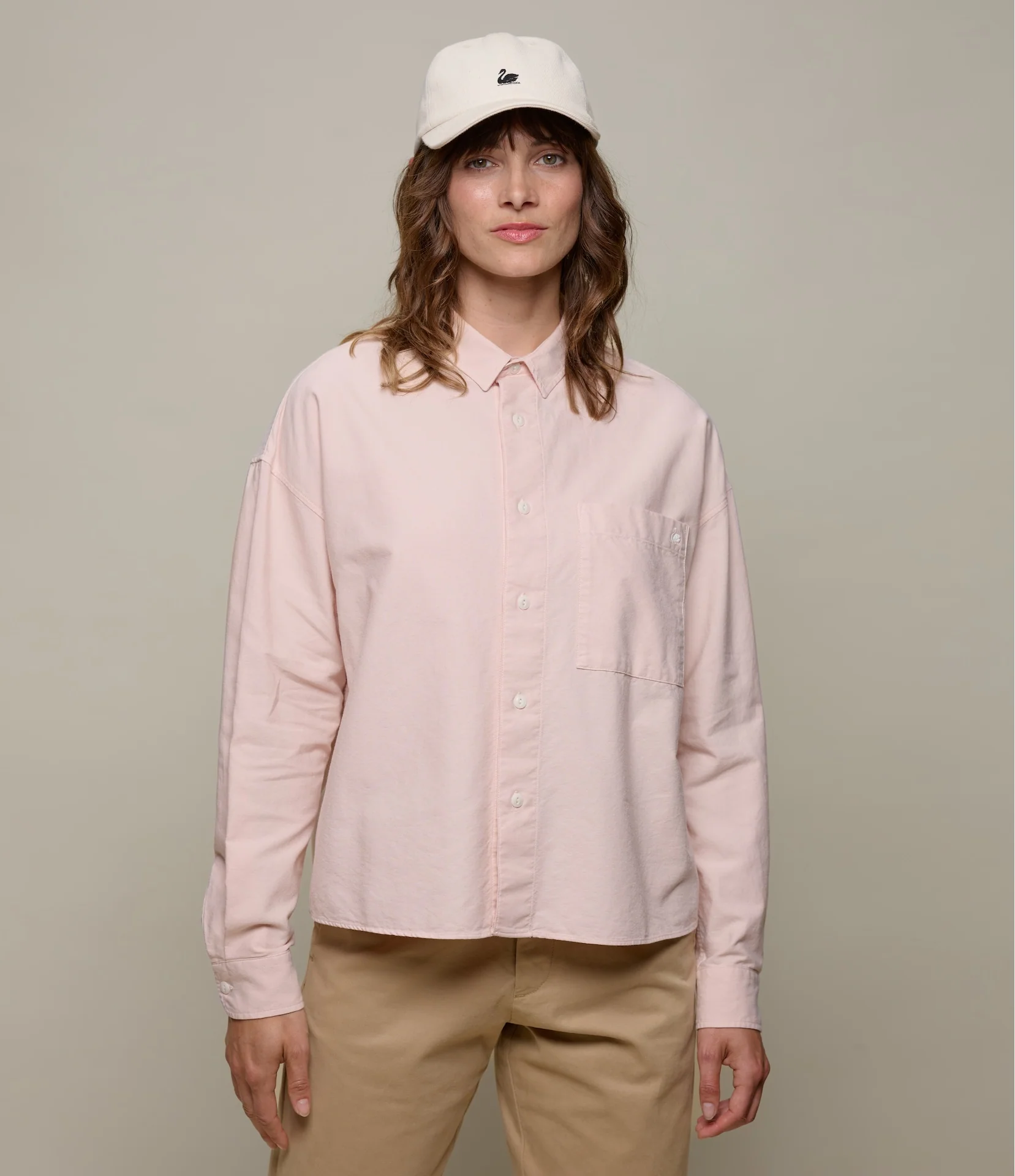 Cropped Boxy Style Cotton Oxford Long Sleeve Shirt